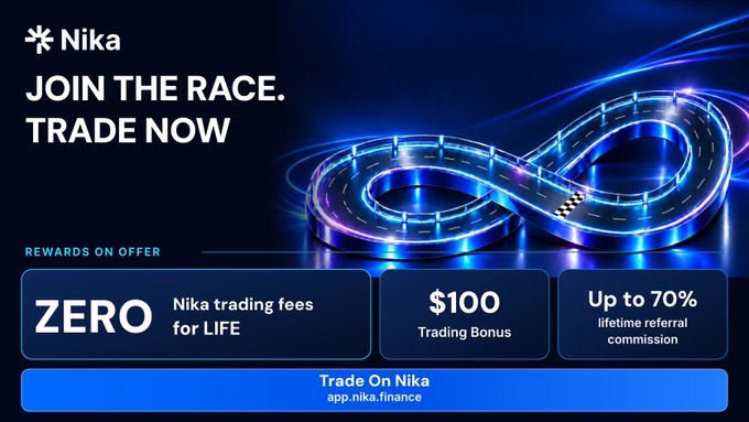 A promotional banner for 'Nika' reads 'JOIN THE RACE. TRADE NOW' and advertises rewards including zero trading fees for life, a $100 trading bonus, and up to 70% lifetime referral commission.