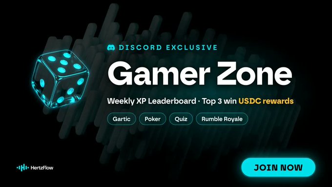 A promotional graphic for a 'Discord Exclusive Gamer Zone' with a glowing blue dice, listing games like Garctic, Poker, Quiz, and Rumble Royale, with a 'Join Now' button by HertzFlow.