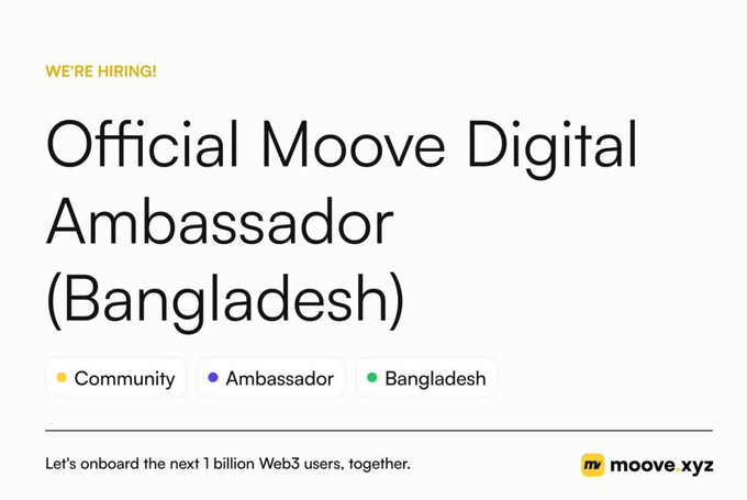 A job posting titled 'Official Moove Digital Ambassador (Bangladesh)' tagged with Community, Ambassador, and Bangladesh, with the tagline 'Let's onboard the next 1 billion Web3 users, together' and the moove.xyz logo.