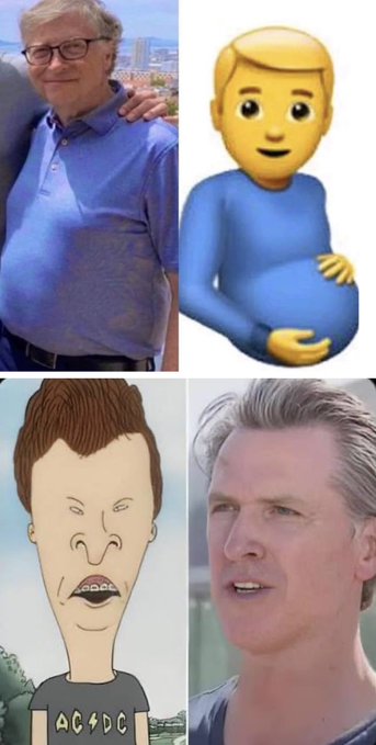 A four-panel image pairs real-life photos of Bill Gates and a man with their cartoon emoji counterparts, with the bottom panels showing both men next to a drawing of Beavis from "Beavis and Butt-Head" wearing an "AC⚡DC" shirt, highlighting their strikingly similar facial expressions.