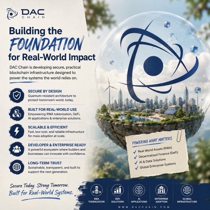 The image features a blue and white advertisement for DAC Chain's "Building the Foundation for Real-World Impact" campaign. The poster displays an illustration of a cityscape with a globe, symbolizing the interconnectedness of technology and society. The text on the poster highlights the importance of secure and scalable infrastructure in supporting real-world impact, as well as the need to focus on what is relevant to the post's content.