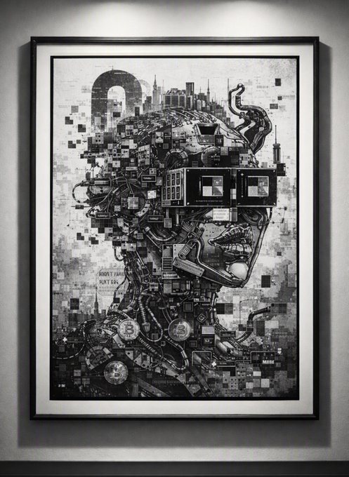 A black and white framed cyberpunk-style artwork depicts a side profile of a human head constructed from mechanical, digital, and cityscape elements.