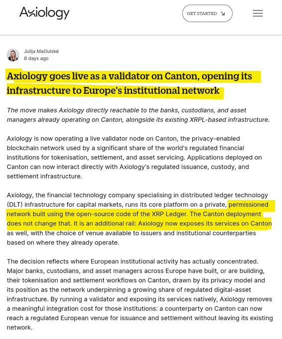Axiology, a Ripple partner operating on XRPL-based code, goes live as a validator on Canton's privacy-enabled blockchain, expanding its infrastructure to Europe's institutional banking network. The highlighted text emphasizes Axiology's validator launch on Canton and its private, permissioned platform built on the open-source XRP Ledger.