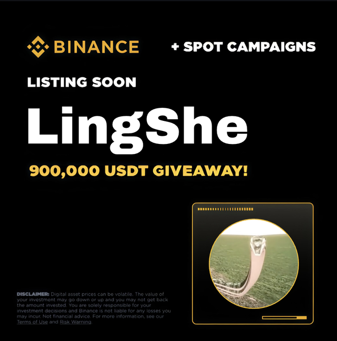 A Binance promotional graphic announces "LingShe" listing soon with a "900,000 USDT GIVEAWAY" and includes an image of a cobra snake. The image appears unrelated to the accompanying post about a "$NiuLai" airdrop, as it promotes a different token listing and giveaway on Binance.