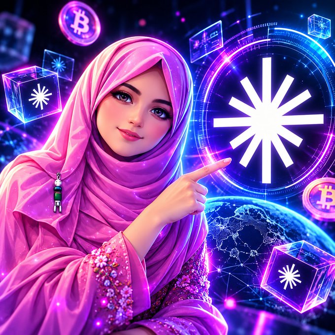 A stylized digital illustration of a woman wearing a pink hijab and floral clothing, pointing toward a glowing symbol, with cryptocurrency coins (Bitcoin) and glowing cubes in a futuristic space setting.