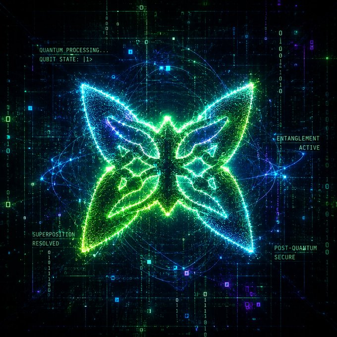 The image features a butterfly-like shape with green and blue neon lights surrounding it. The butterfly appears to be floating or hovering above a black background filled with white lines and dots. The text "A new week with @quipnetwork" is present in the image, along with the phrase "which means exciting events are ahead." This suggests that there might be an upcoming event related to the Quantum Echoes NFT Collection or the mainnet launch, as indicated by the post's title.
