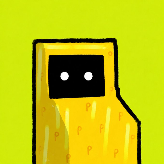 A yellow, floppy disk-shaped robot character with two glowing eyes and "P" symbols scattered across its body is set against a bright yellow background. The image ties into the post by referencing the "Pons Machine" project, with the "P" letters hinting at the project's branding.