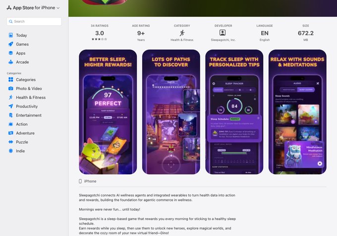A screenshot of the Apple App Store page for the Sleepagotchi app by Sleepagotchi, Inc., rated 3.0 with a 9+ age rating, categorized in Health & Fitness with a size of 672.2 MB.