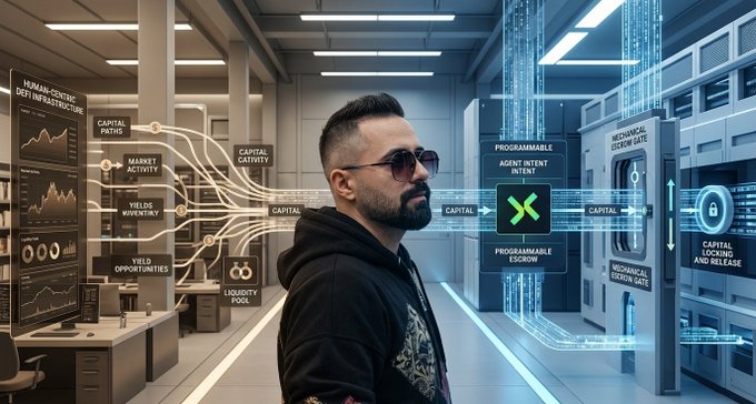 A man wearing sunglasses stands in a futuristic high-tech facility with holographic displays showing terms like 'MARKET ACTIVITY', 'CAPITAL', 'PROGRAMMABLE AGENT INTENT', and 'MECHANICAL CUSTOM GATE'.