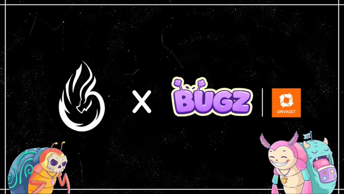 A promotional graphic features the Genesis Bugz logo alongside the Unvault logo, separated by an "X" symbol, with two colorful cartoon Bugz characters flanking the bottom corners. The image ties into the announcement of a new Reputation Leaderboard for Genesis Bugz powered by Unvault, where onchain NFT history helps determine rankings and top wallets can earn Phase 1 whitelist spots.