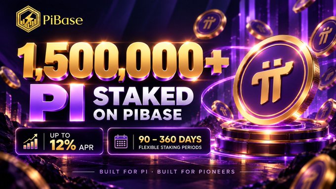 A promotional graphic for PiBase celebrates the milestone of over 1,500,000 PI staked on the platform, highlighting features like up to 12% APR and flexible 90-360 day staking periods, with the tagline "Built for Pi · Built for Pioneers." The image visually reinforces the announcement with golden Pi coins and bold statistics, tying directly to the post's message of empowering Pioneers to actively grow their holdings through flexible staking options.