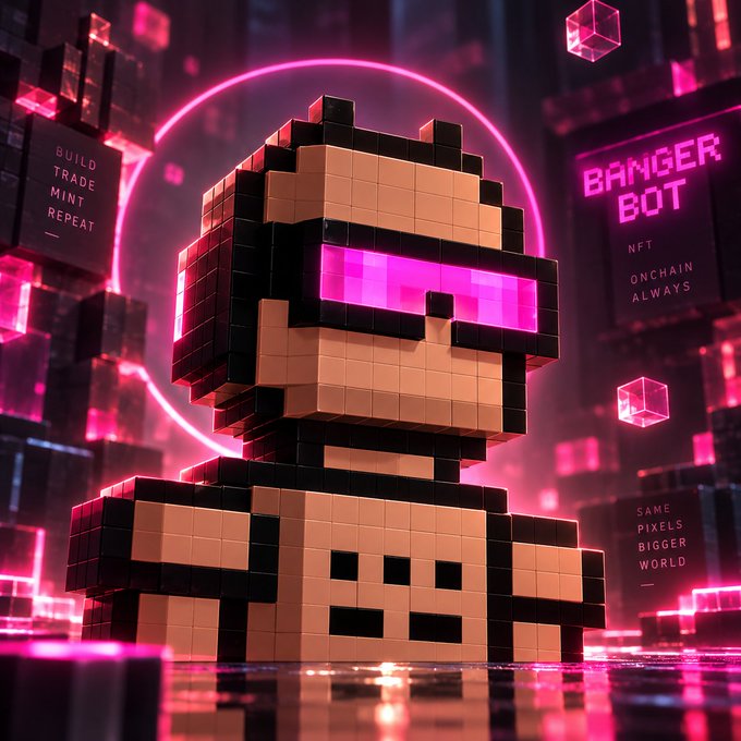 A 3D-rendered pixelated/blocky character wearing pink visor sunglasses is set against a vibrant pink neon background with text including 'BANGER BOT NFT ONCHAIN ALWAYS', 'BUILD TRADE MINT REPEAT', and 'SAME PIXELS BIGGER WORLD'.