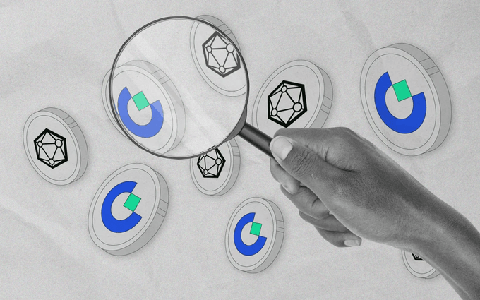 An illustrated image showing a hand holding a magnifying glass over several coins featuring the Coinbase logo and a geometric symbol.