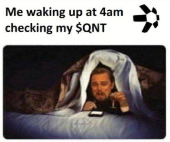 A meme showing Leonardo DiCaprio from Titanic wrapped in a blanket looking distressed at his phone in bed, captioned 'Me waking up at 4am checking my $QNT' with a Quanta logo in the corner.