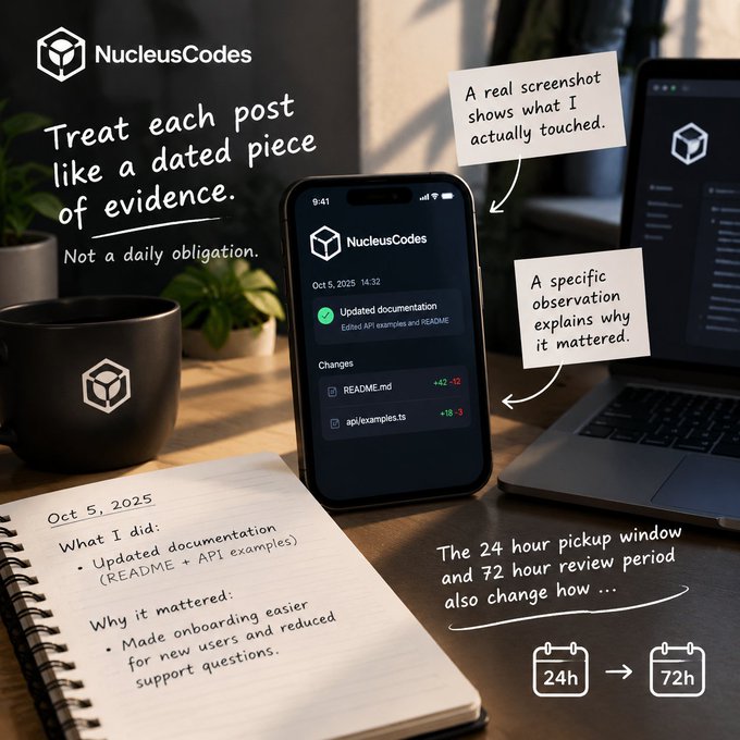 A promotional image for 'NucleusCodes' features the tagline 'Treat each post like a dated piece of evidence' alongside a phone showing documentation updates, a notebook entry dated Oct 5, 2025, and a 24h to 72h timeline graphic.