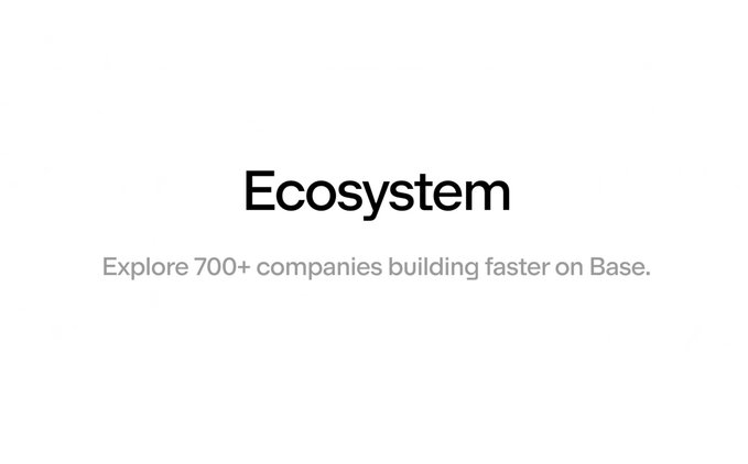 Minimalist graphic with the word 'Ecosystem' and the subtitle 'Explore 700+ companies building faster on Base.' on a white background.