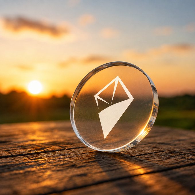 A crystal-like paperweight featuring the Ethereum logo sits on a wooden surface against a golden sunset, symbolizing the transparent, on-chain ownership and value of tokenized AI assets highlighted in the AINFT post.