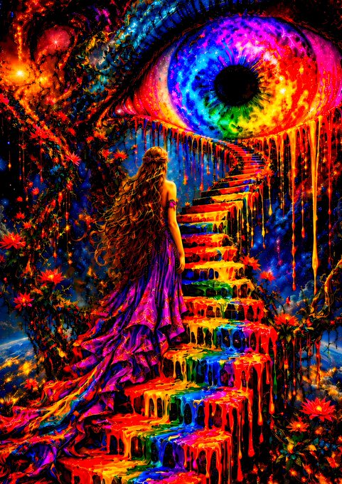 A vibrant, psychedelic painting of a woman in a flowing purple dress walking up rainbow-colored stairs toward a giant multicolored eye.