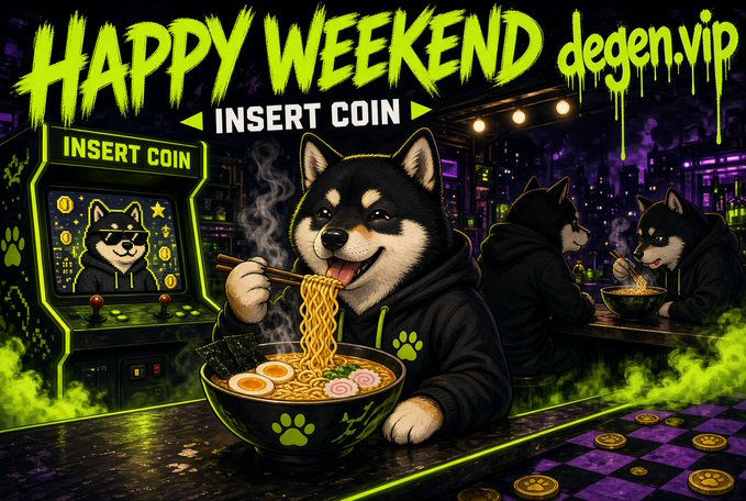 Promotional graphic with the text "HAPPY WEEKEND" and "INSERT COIN" by "degen.vip," featuring Shiba Inu dogs eating ramen in a neon-lit arcade setting with an arcade machine.