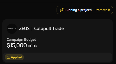 Dark-themed interface showing a Catapult Trade campaign for 'ZEUS' with a budget of $15,000 USDC marked as 'Applied' and a 'Promote it' button at the top.