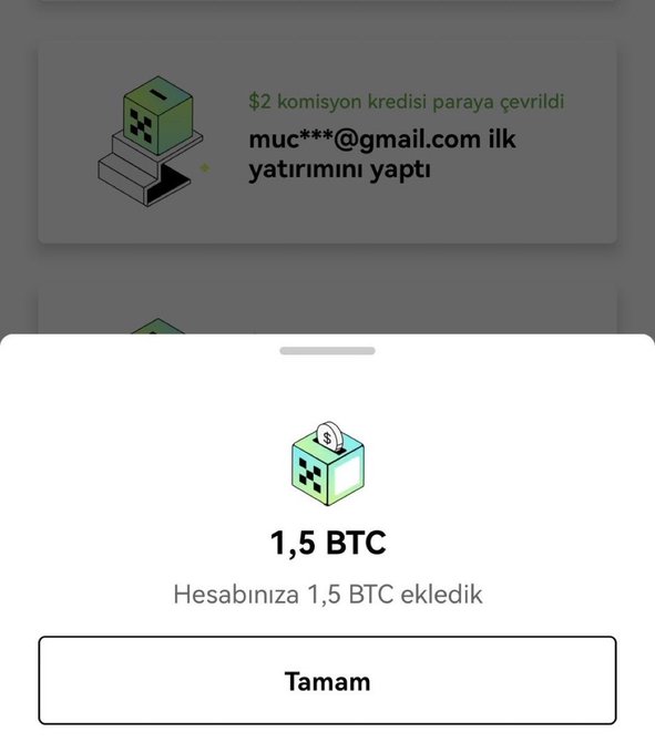 A screenshot of an OKX notification showing "1,5 BTC" added to the account ("Hesabınıza 1,5 BTC ekledik"), with background text reading "$2 komisyon kredisi paraya çevrildi" and a partial email address, illustrating the platform's alleged #OKXSCAM activity.