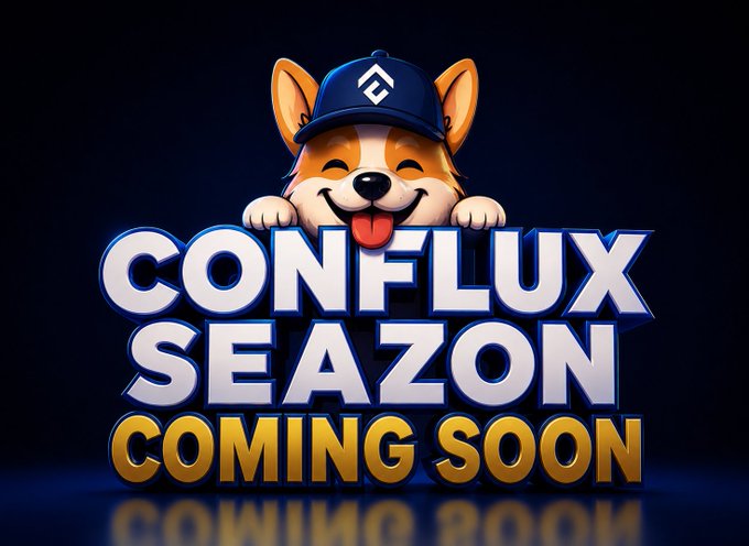 A promotional graphic announces 'CONFLUX SEAZON COMING SOON' with a cartoon Shiba Inu dog wearing a blue cap featuring the Conflux logo, peeking over the 3D text.