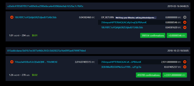 The image shows a Bitcoin transaction tracker displaying two transfers from the address "1BUiYfBC1oYQAjk5RZJtiqkeBt15A8c5bb"—one for 0.04381620 BTC ($0.01) and a larger historical transfer of 2,931.00000000 BTC ($83.07M)—illustrating the 6-year dormancy and large-value movement referenced in the post.