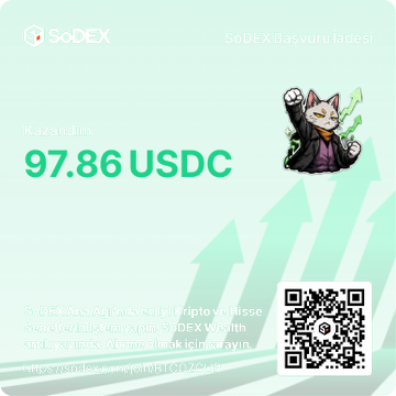 Green promotional banner from SoDEX featuring a cat character with a rising chart, including a QR code and Turkish text inviting users to join via a referral link.