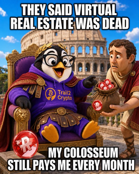A promotional meme featuring a penguin character wearing purple 'Trail2 Crypto' robes and glasses, sitting on a throne before the Colosseum, with text reading 'THEY SAID VIRTUAL REAL ESTATE WAS DEAD' and 'MY COLOSSEUM STILL PAYS ME EVERY MONTH.'