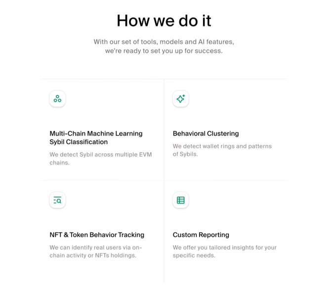 A clean, minimalist webpage section titled 'How we do it' outlines four service features in a grid: 'Multi-Chain Machine Learning Sybil Classification', 'Behavioral Clustering', 'NFT & Token Behavior Tracking', and 'Custom Reporting', each with a green icon.