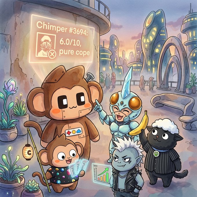 A chimp in a monkey suit stands beneath a holographic display reading "Chimper #3694: 6.0/10, pure cope" while being critiqued by a moth-like creature holding a banana, a punk vampire holding a "SURVIVE" chart, and a sheep in a pinstripe suit holding "PEPE" bills, with a small chimp showing off NFT collectibles—all illustrating the "creative chaos" and art critique theme of the Chimper Daily Digest.