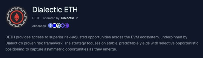 Information panel for the 'Dialectic ETH' (DETH) token, operated by Dialectic, detailing its allocation across multiple chains and its strategy for risk-adjusted yields across the EVM ecosystem.