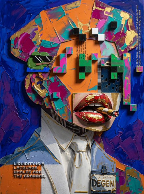A colorful pixel-art style digital collage portrait featuring a face with gold lips smoking a cigar, a Pepe the Frog, and the text 'LIQUIDITY IS A LANGUAGE. WHALES ARE THE GRAMMAR.' with 'DEGEN' visible.