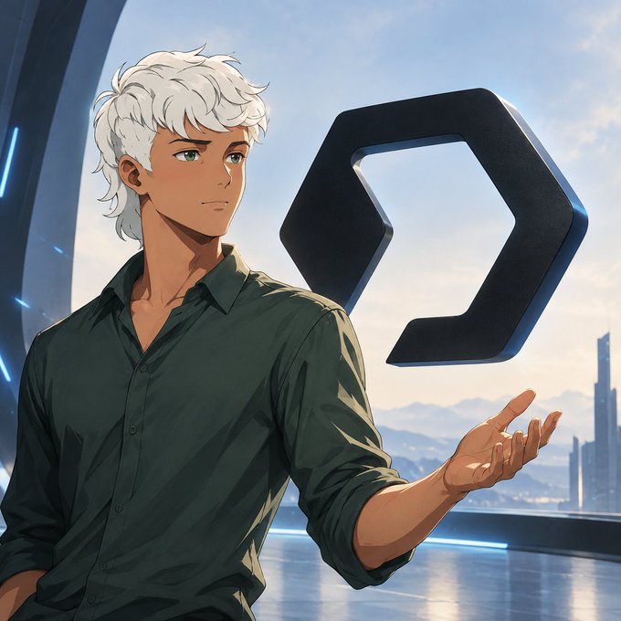 An anime-style illustration of a young man with white curly hair and green eyes wearing a dark green shirt, extending his hand palm-up toward a floating black hexagonal ring shape against a backdrop of sky and futuristic cityscape.