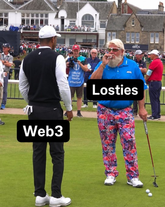 Two men stand on a golf course green at The Open: one in modern black and white attire labeled "Web3" and another in traditional golf wear with colorful patterned pants labeled "Losties."