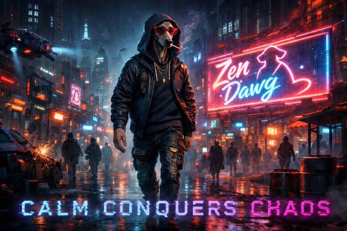 A digital artwork titled 'Zen Dawg' shows a hooded figure with red sunglasses walking through a neon-lit rainy city street, with the text 'CALM CONQUERS CHAOS' at the bottom.