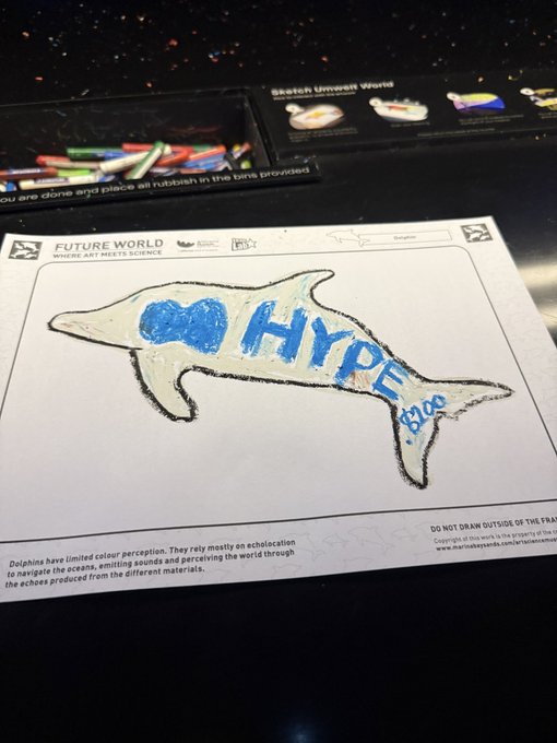 A museum interactive exhibit from 'Future World: Where Art Meets Science' featuring a child-like drawing of a dolphin with 'HYPE' written on it in blue.
