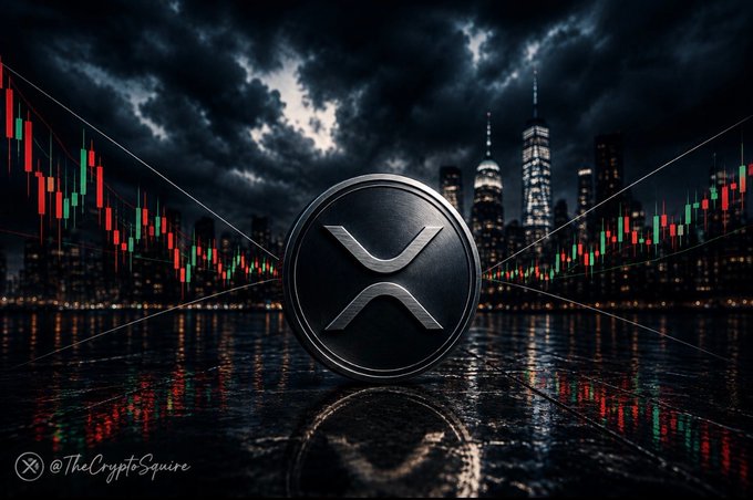 A large XRP coin dominates a dark, rain-soaked city skyline overlaid with volatile red-and-green trading candles, reflecting the post’s claim that leverage is being flushed and XRP is holding steady. Visible text includes “XRP,” “@TheCryptoSquire,” and the X logo.