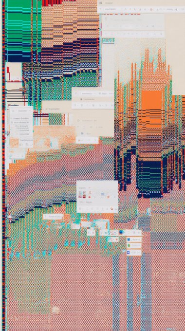 A distorted, pixelated glitch art image containing remnants of what appears to be a Windows desktop with dialog boxes and application windows.