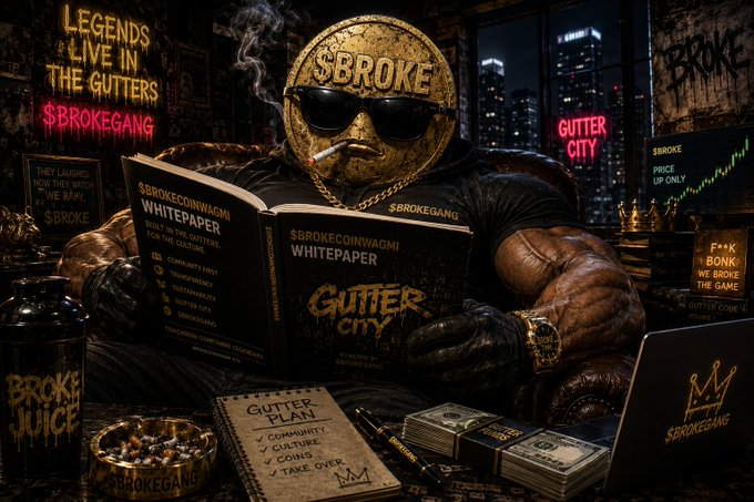 A stylized promotional image for '$BROKE' cryptocurrency featuring a muscular figure with a BRROKE (Brokeface) coin as a head, wearing sunglasses and reading a whitepaper titled 'GUTTER CITY' in a gritty urban setting.