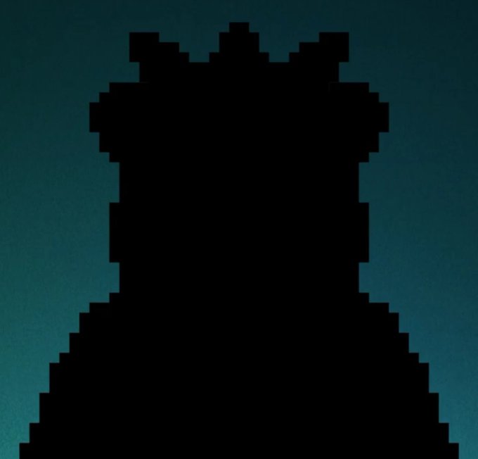 A pixelated black silhouette of a figure with a crown-like top against a dark teal gradient background.