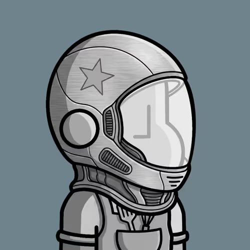 A grayscale cartoon illustration of an astronaut helmet with a star emblem, set against a blue-gray background.