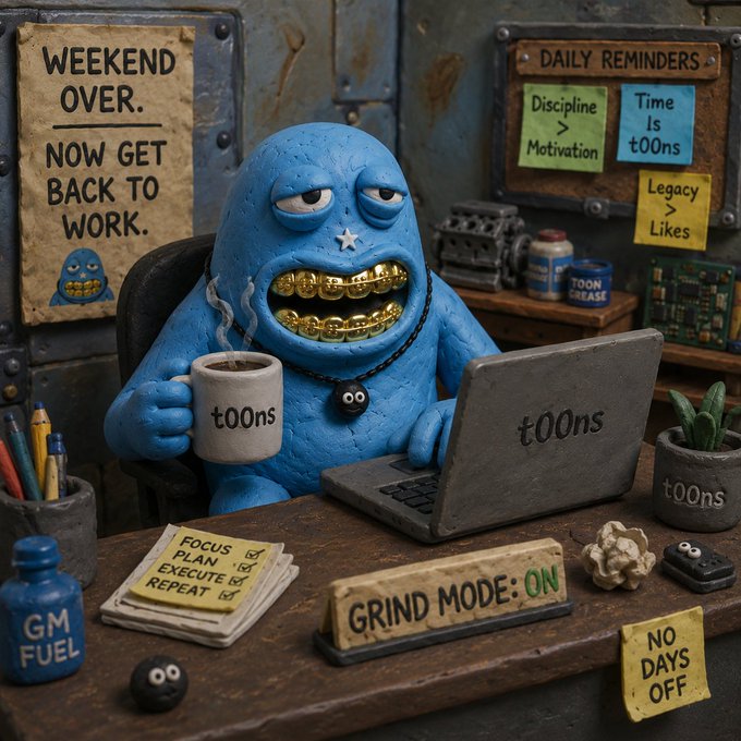 A whimsical 3D clay-style illustration of a blue monster character with gold teeth at a desk labeled 't00ns,' surrounded by motivational notes like 'WEEKEND OVER. NOW GET BACK TO WORK,' 'GRIND MODE: ON,' 'FOCUS PLAN EXECUTE REPEAT,' and 'NO DAYS OFF.'