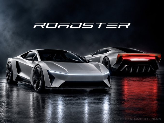 A concept art image labeled 'ROADSTER' featuring two sleek, futuristic silver sports cars with angular designs displayed in a dark, moody environment with red lighting accents.