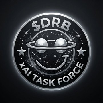 A glowing circular logo for '$DRB' (or '$RB') XAI TASK FORCE featuring a smiley face with a planetary ring and stars against a dark background.