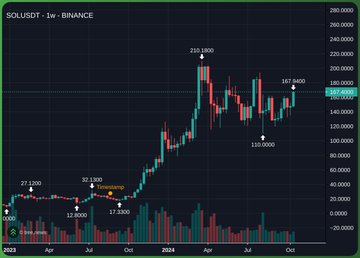 The image shows a weekly SOL/USDT candlestick chart on Binance spanning from 2023 to October 2024, with SOL/USDT peaking around 210,000 (likely displayed in sats) before pulling back to approximately 187,000. The chart supports the post's thesis by illustrating Solana's roughly 10x rally from its 2023 lows near 12,600 to its 2024 high, serving as a precedent for identifying similar explosive return opportunities in current top crypto assets.