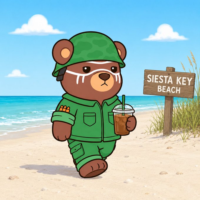 A cartoon teddy bear in a green military uniform and helmet holding an iced coffee, walking on Siesta Key Beach with a wooden sign indicating the location.