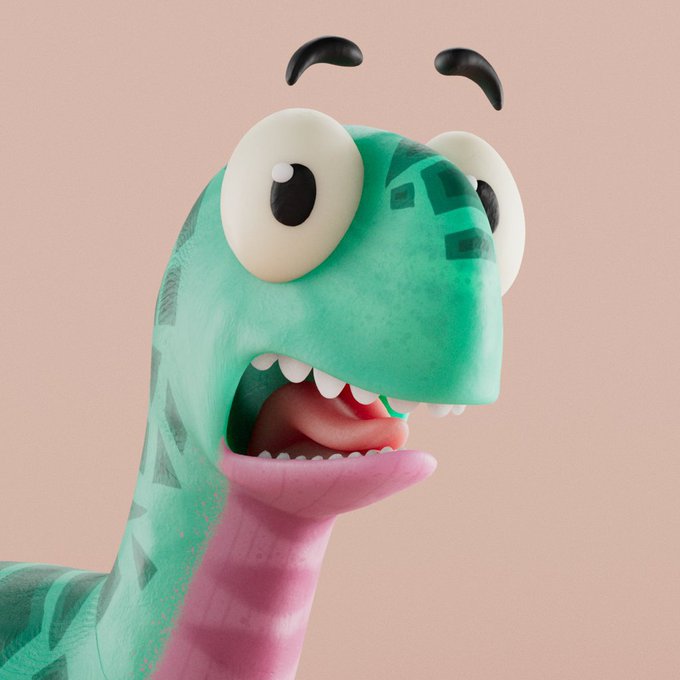 A 3D rendered character of a green and pink long-necked creature with big bulging eyes, raised black eyebrows, and an open mouth showing small teeth against a beige background.