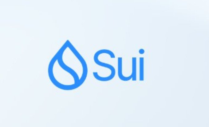 The Sui cryptocurrency logo, consisting of a blue water drop icon and the word 'Sui', is displayed against a light gray background.