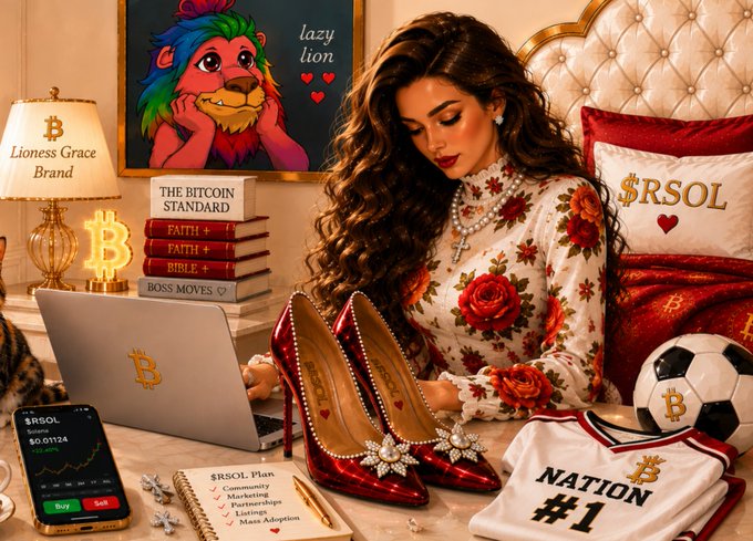 An AI-generated image features a woman working on a Bitcoin-themed laptop in a lavish room with 'Lazy Lion' artwork, surrounded by Bitcoin memorabilia including books like 'THE BITCOIN STANDARD,' red high heels, a 'NATION #1' jersey, and phone screens showing $rSOL data.